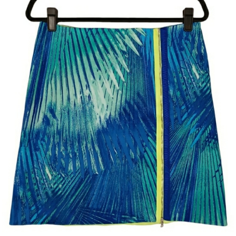 ELIE TAHARI Blue Green Elva Palm Tropical Print Zip Up A-Line Skirt 10 Medium
